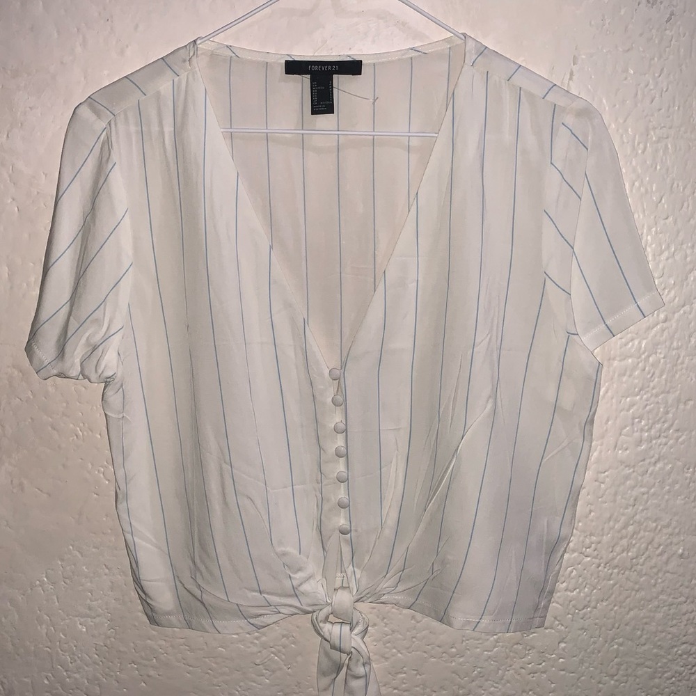 White and blue striped tie front blouse